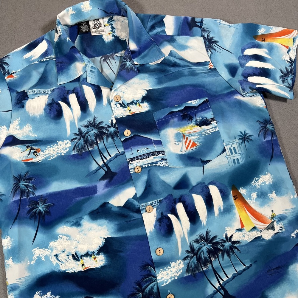 Kennington Shirt Mens L Blue Hawaiian Camp Surfing Sailing Tropical Aloha Beach‎